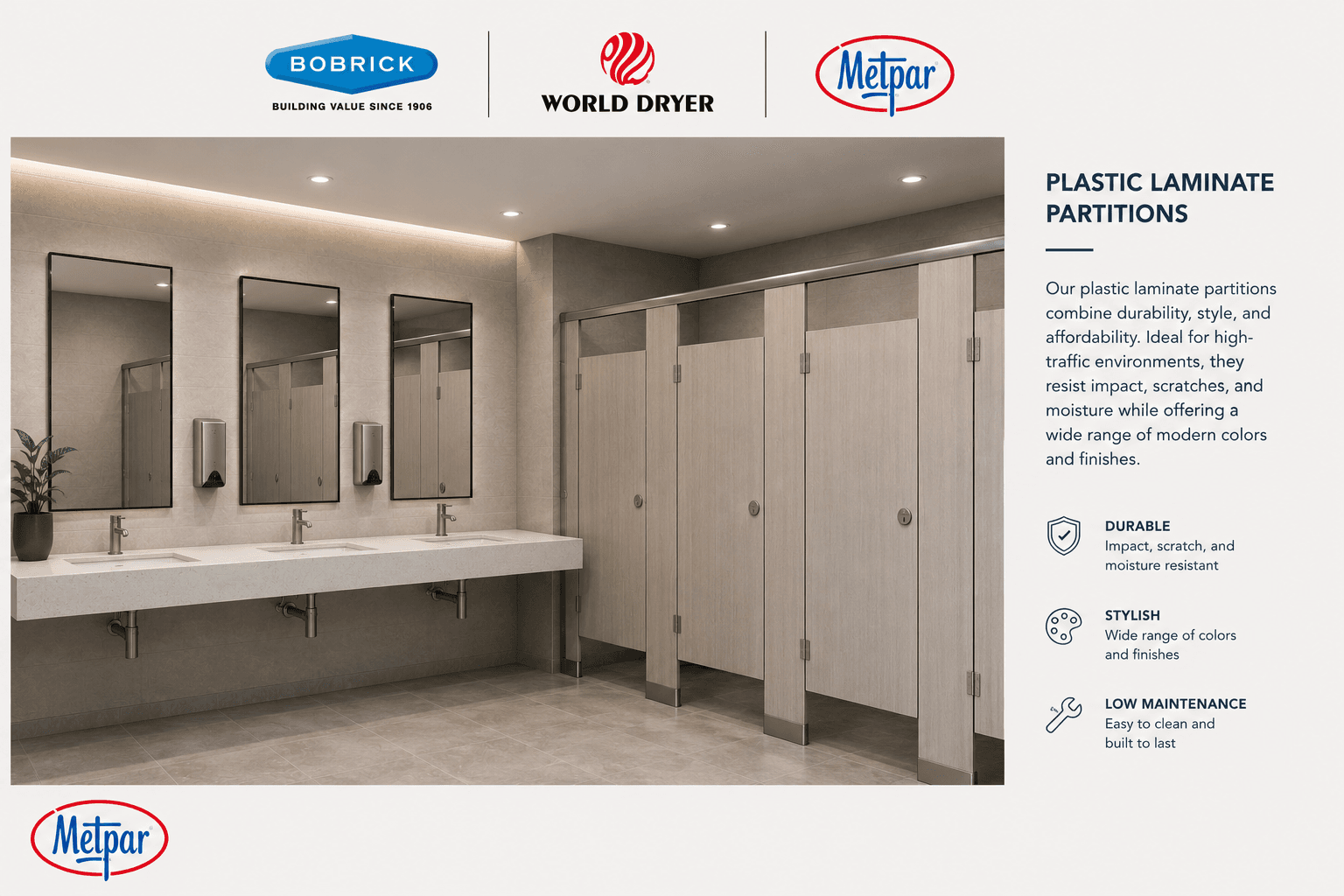 Plastic laminate toilet partitions in a wood-grain finish