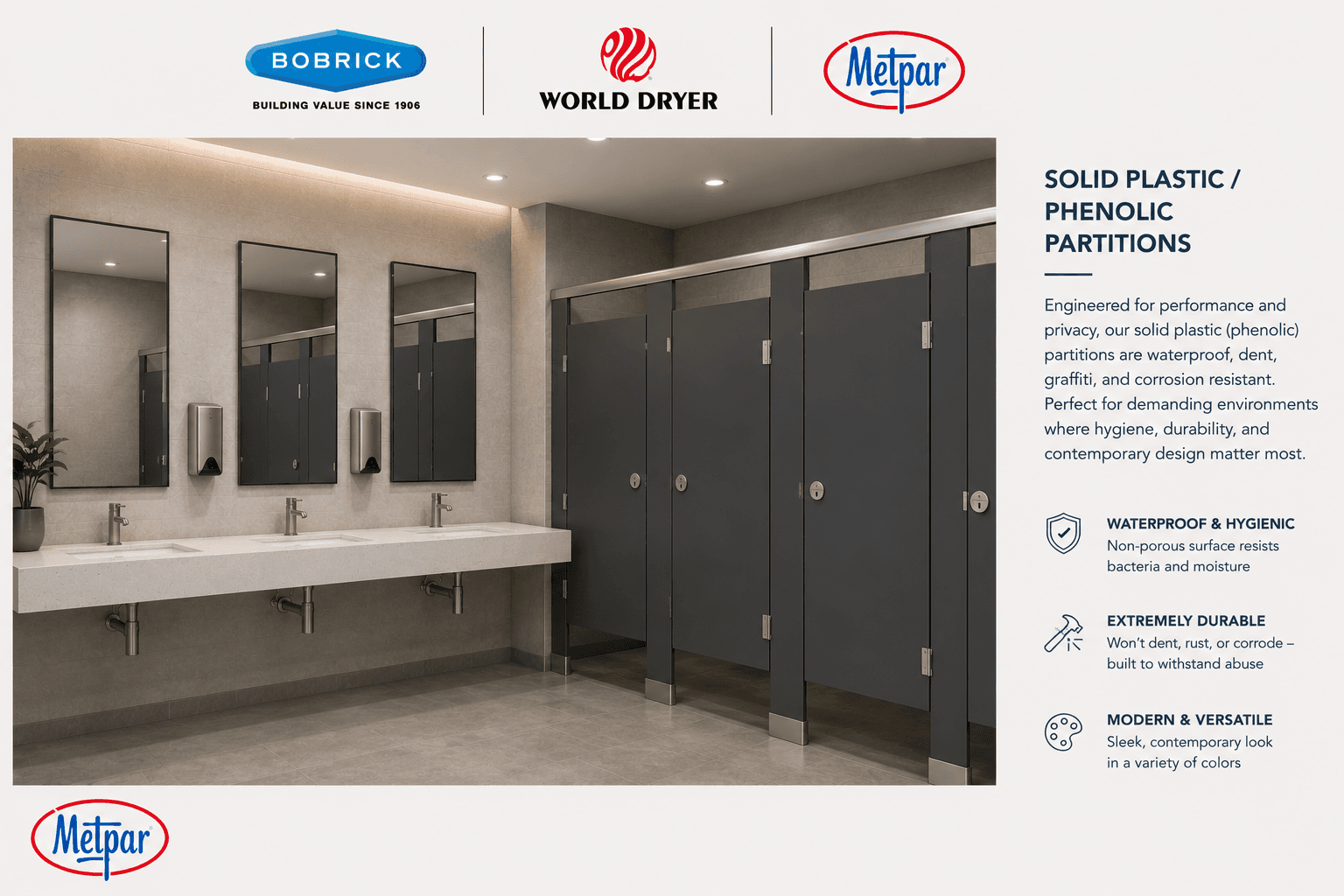 Solid plastic phenolic toilet partitions in a dark finish with stainless pilasters