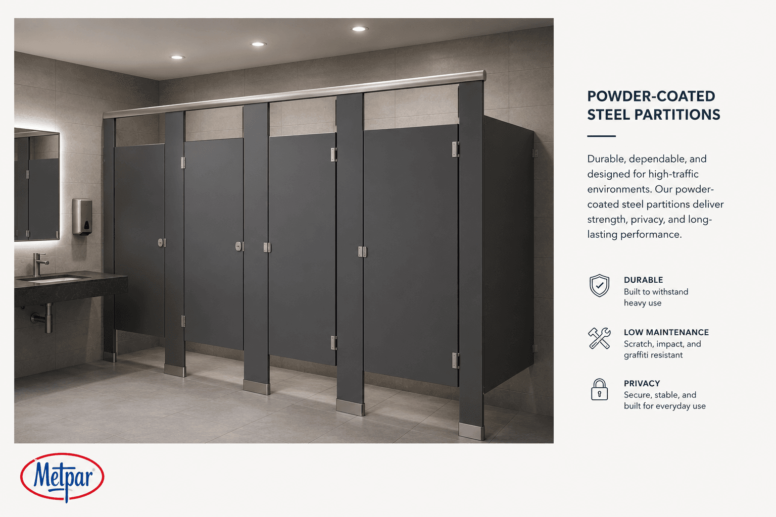 Powder-coated steel toilet partitions installed in a finished commercial restroom
