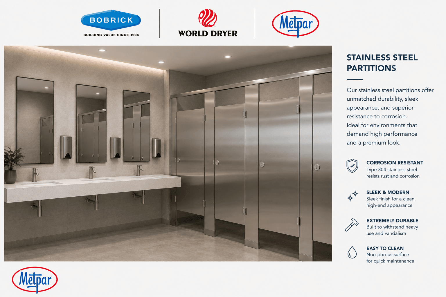 Stainless steel toilet partitions with sleek brushed finish
