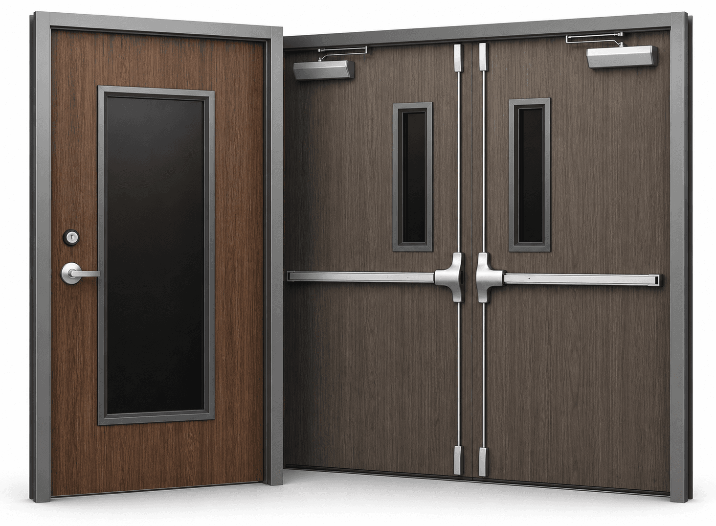 Commercial wood doors with various lite kits and louvers
