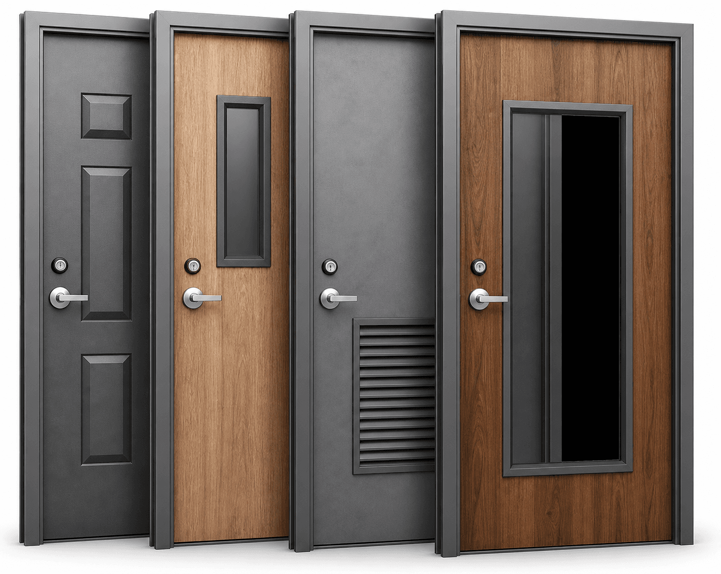 Commercial wood and metal doors with various features