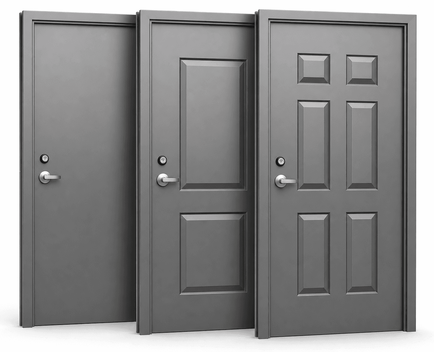 Three commercial hollow metal doors showing flush, 2-panel, and 6-panel faces