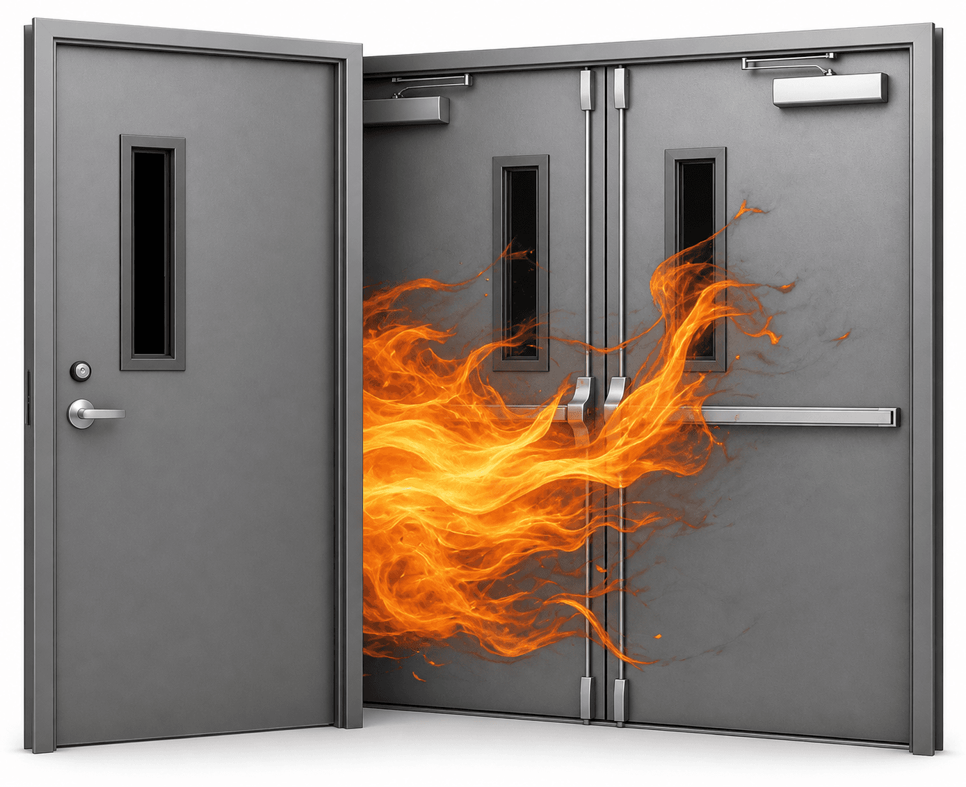 Fire-rated hollow metal double door with panic devices and flames passing across the assembly