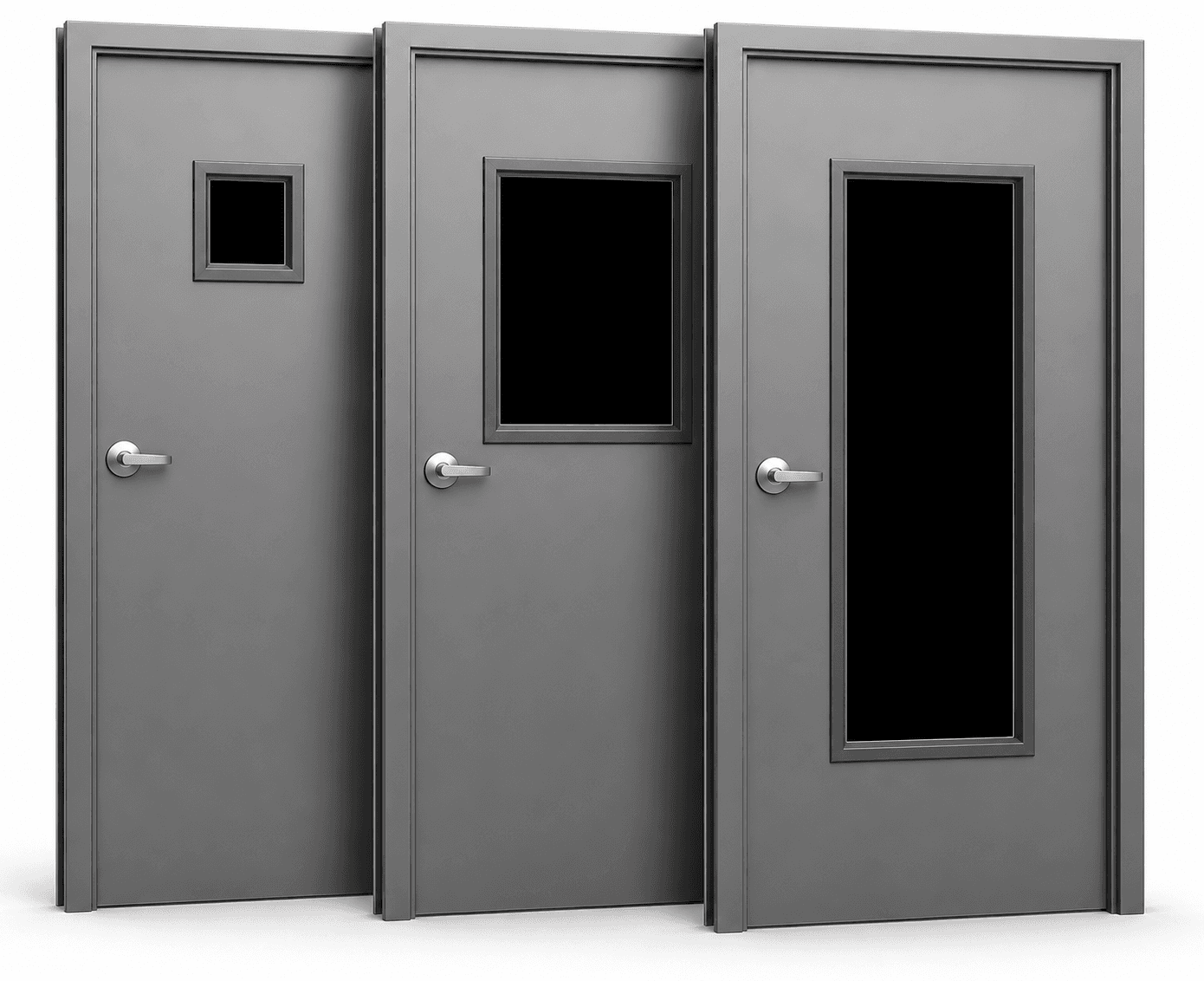 Three commercial hollow metal doors with various lite kit configurations