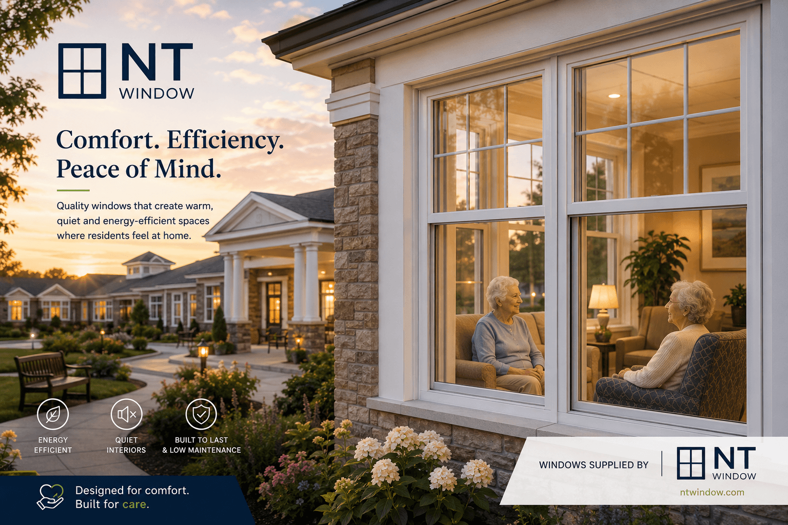 NT Window double-casement window with seniors enjoying a quiet, energy-efficient interior overlooking a residential community