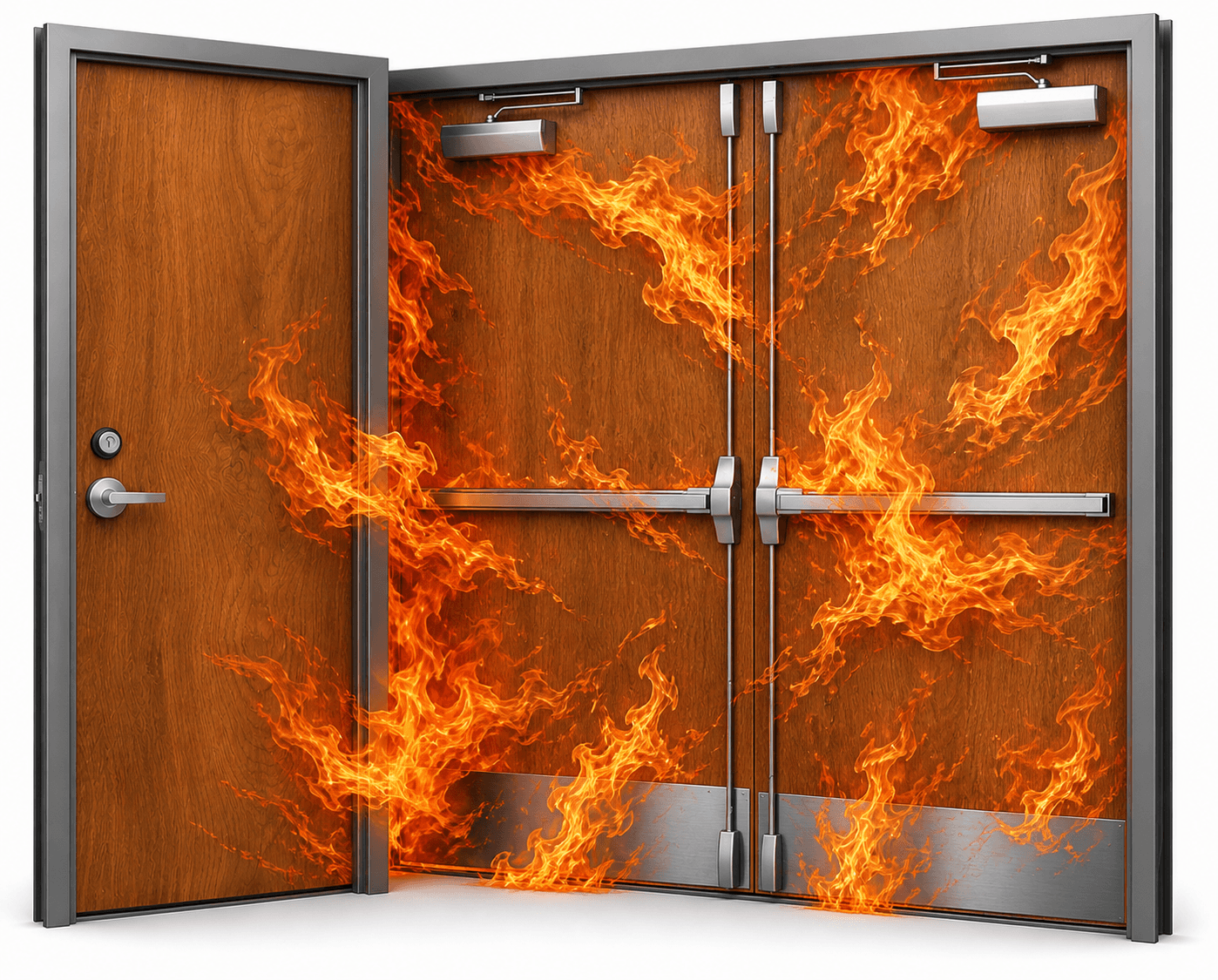 Fire-rated wood double door with panic devices and flames passing across the assembly